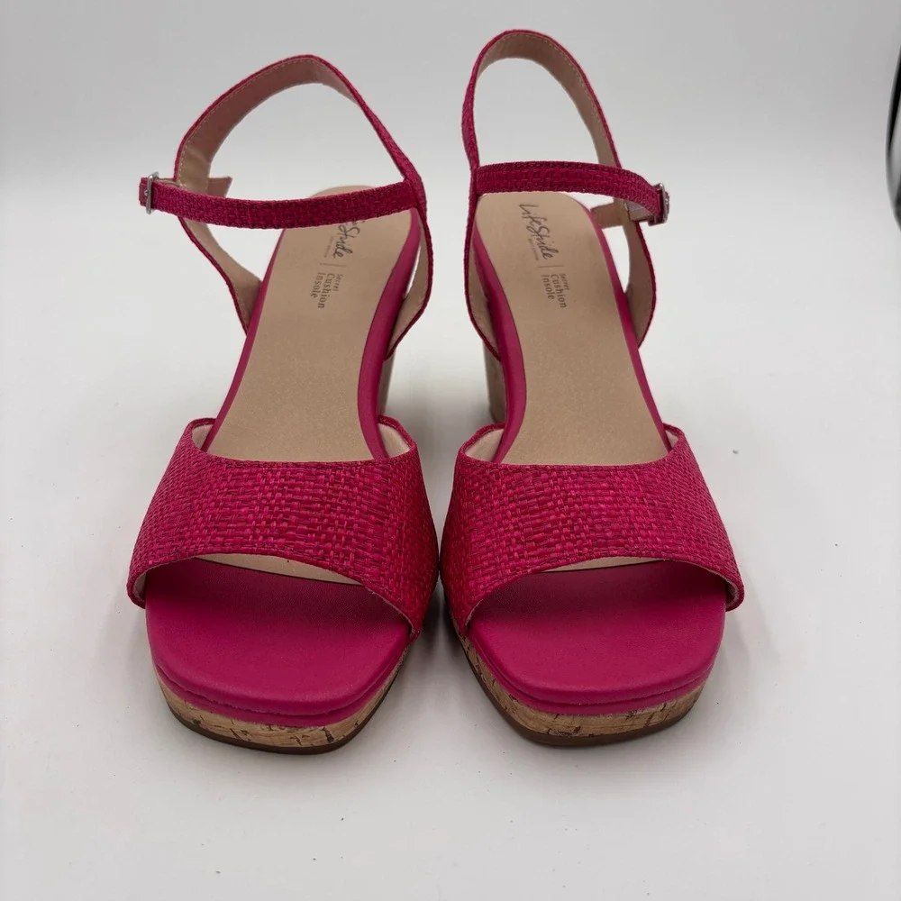 LifeStride Wedge Sandals Womens 8.5 Magenta Pink Woven Cork Heel Strappy